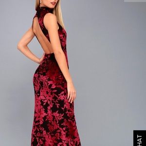 black and red velvet floral backless maxi dress
